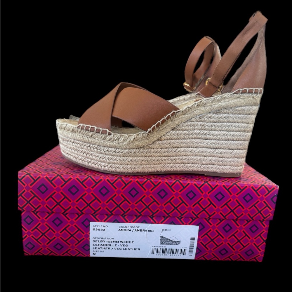 Tory Burch Tan Leather Espadrille Wedges - Picture 2 of 3